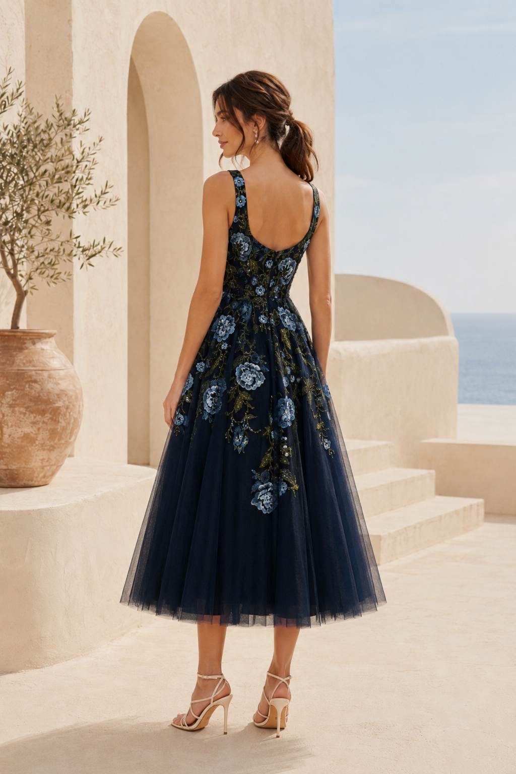 Floral Embroidered Square Neck Tea-Length Dress