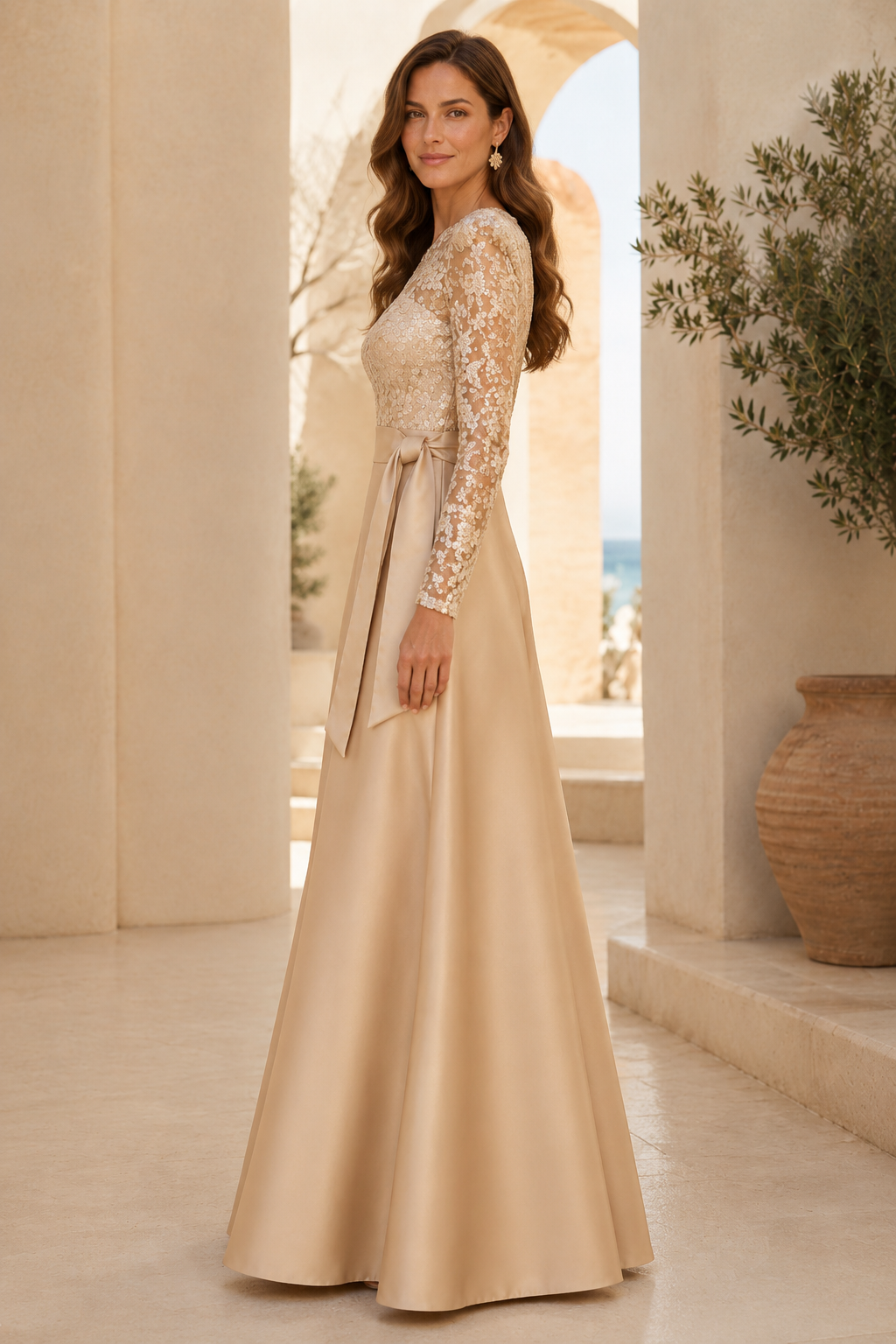 Long Sleeve Floral Lace A-Line Evening Gown