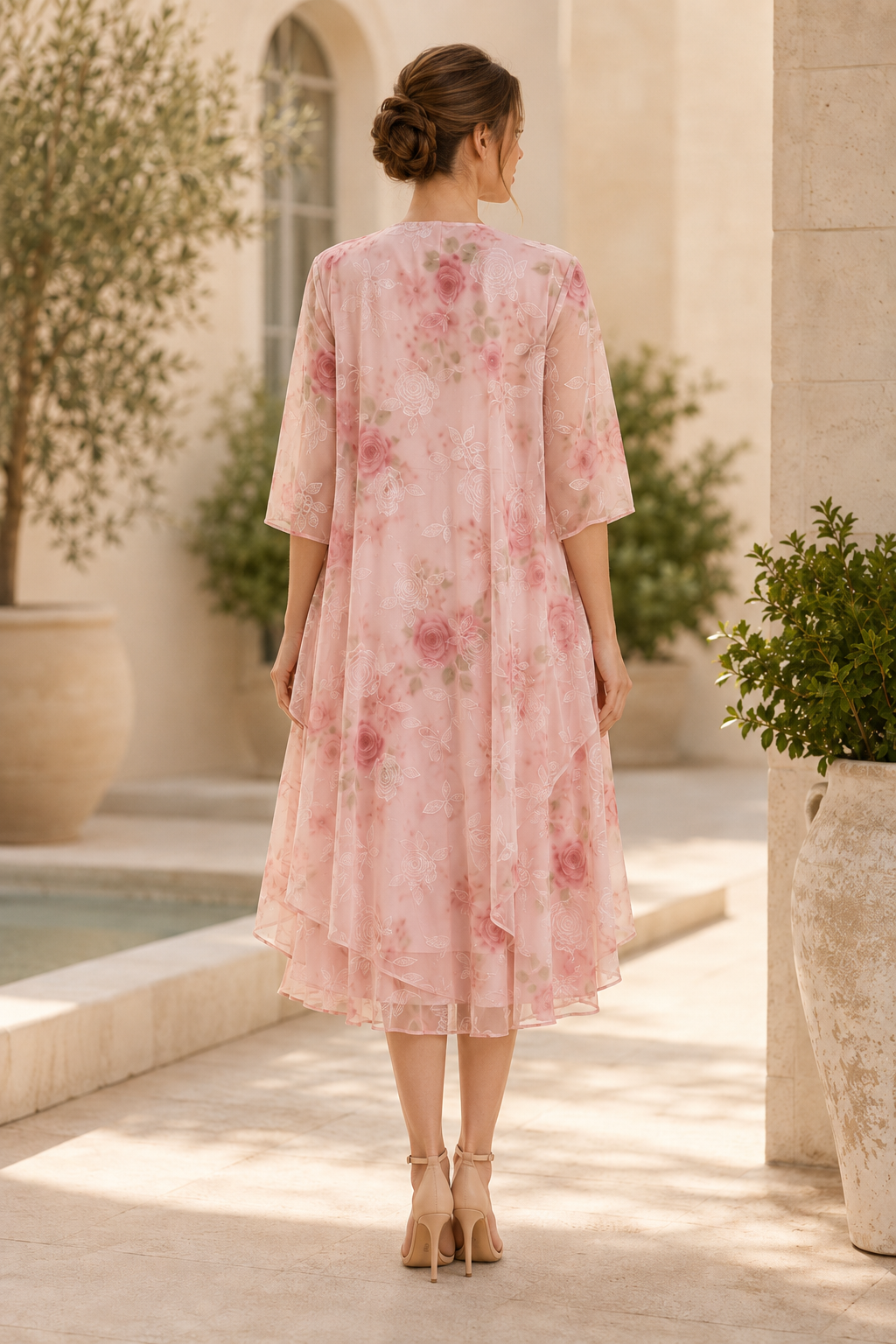 Floral Tiered Midi Dress with Sheer Jacket