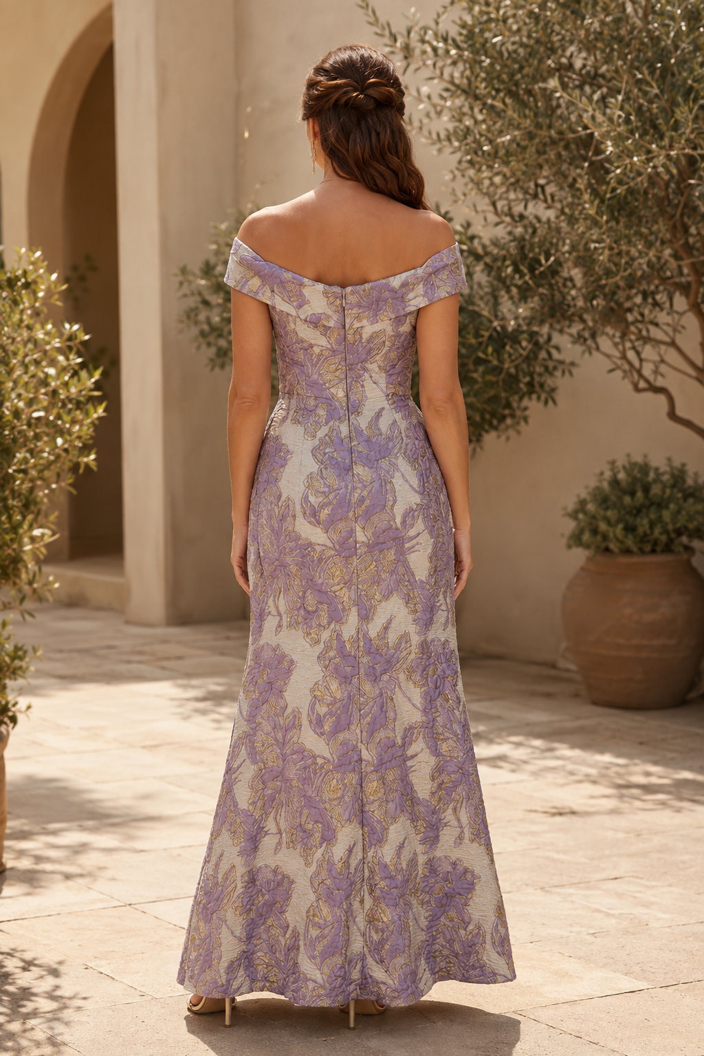 Off-the-Shoulder Floral Jacquard Gown with High Slit