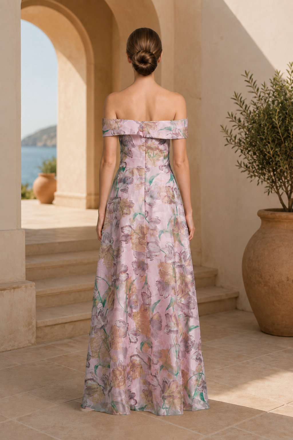 Off-the-Shoulder Floral Print A-Line Evening Gown