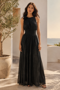 Halter Neck Metallic Pleated Maxi Evening Dress