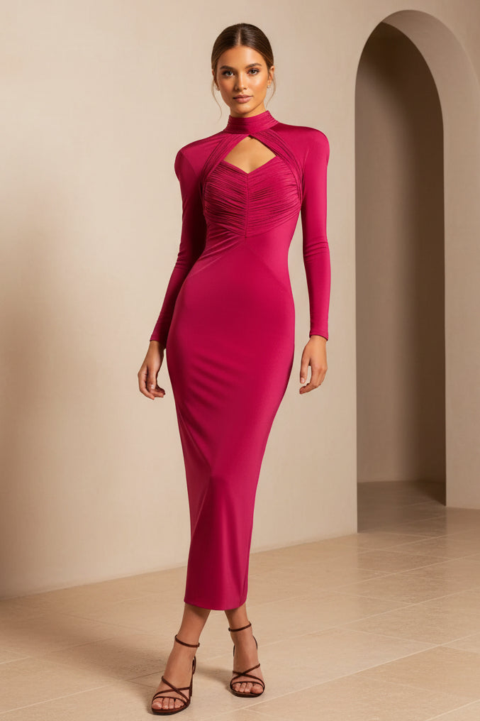High Neck Keyhole Long Sleeve Bodycon Midi Dress