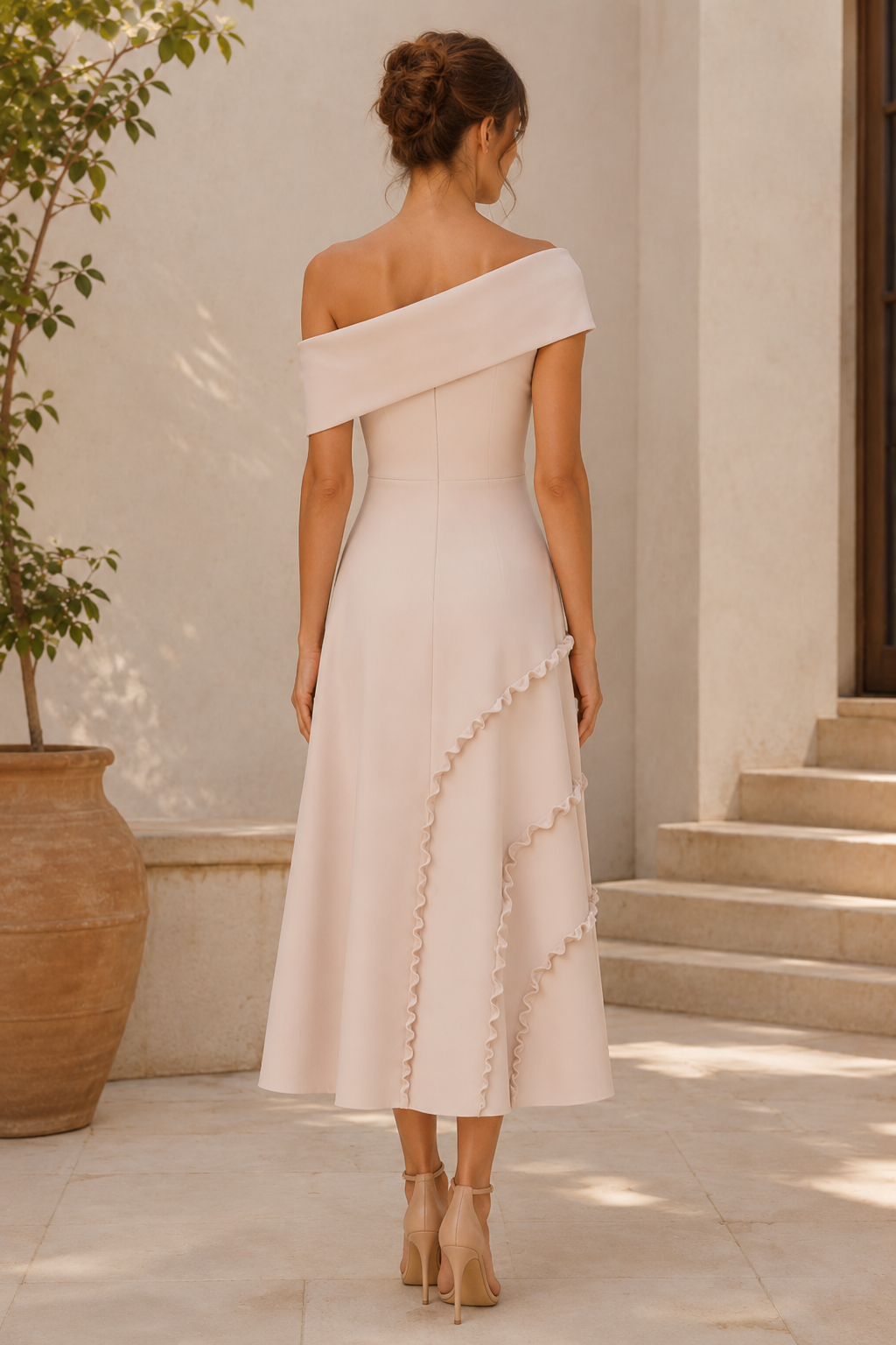 Asymmetrical Folded Neckline Midi Dress with Ruffle Seams