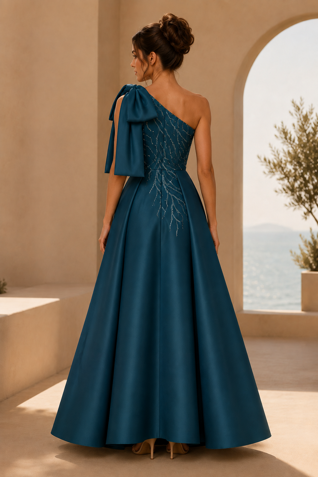 One-Shoulder Bow Embellished A-Line Gown