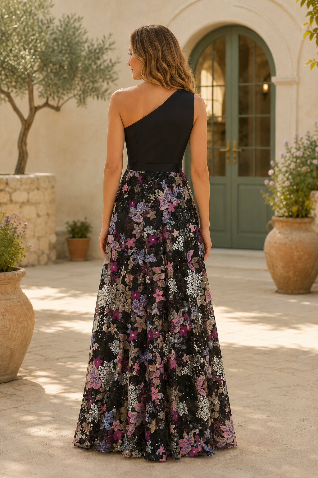 One Shoulder Floral Sequin Evening Gown