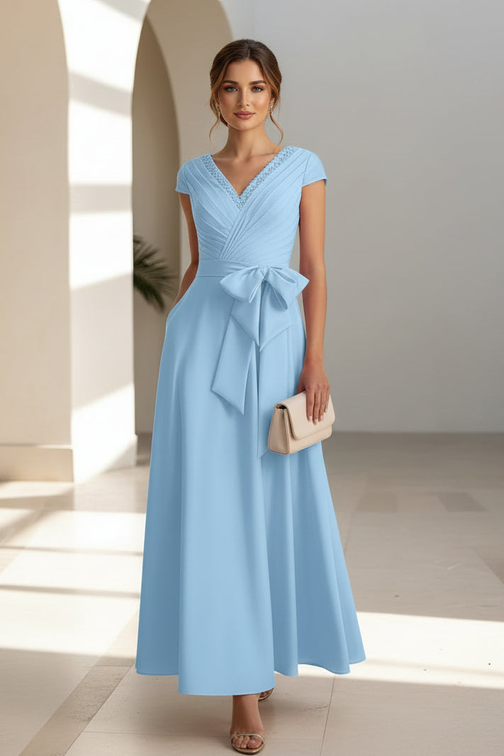 Cap Sleeve V-Neck Ruched Bow Midi Formal Dress