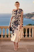 One-Shoulder Floral Cape Midi Dress