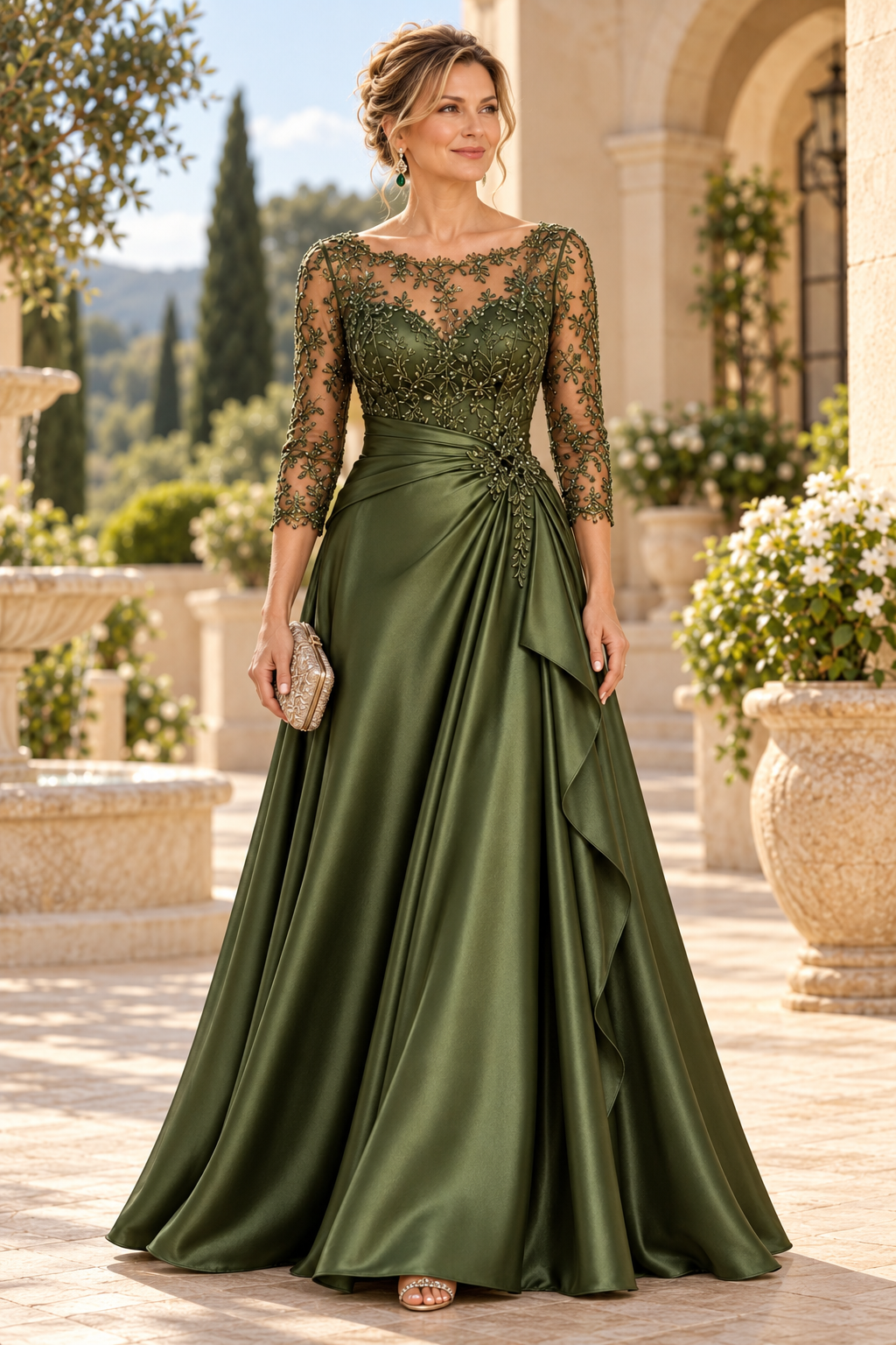 Embroidered Illusion Bodice Satin A-Line Gown