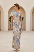 Floral Jacquard One-Shoulder Cape Maxi Dress