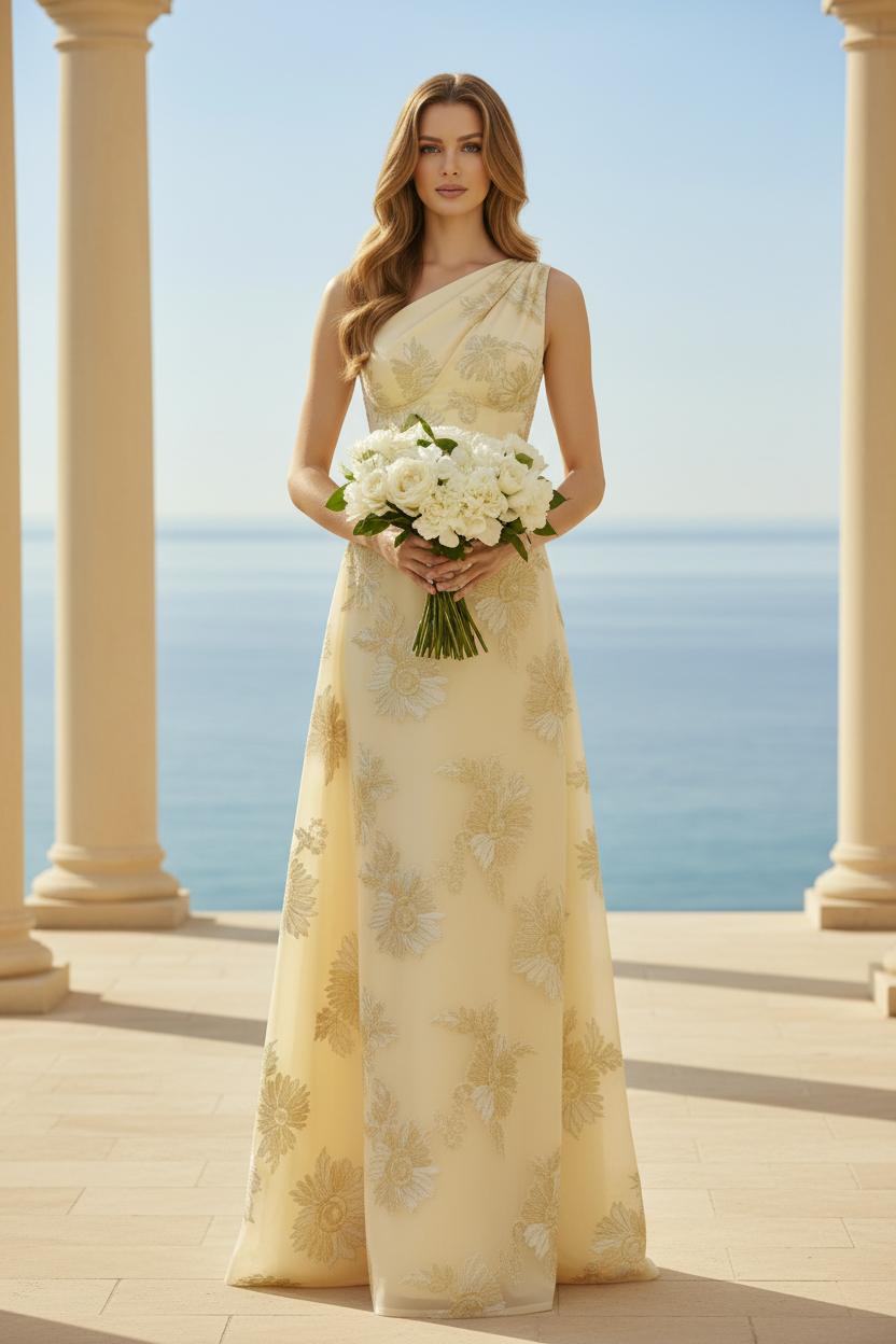 One-Shoulder Floral Jacquard A-Line Evening Gown