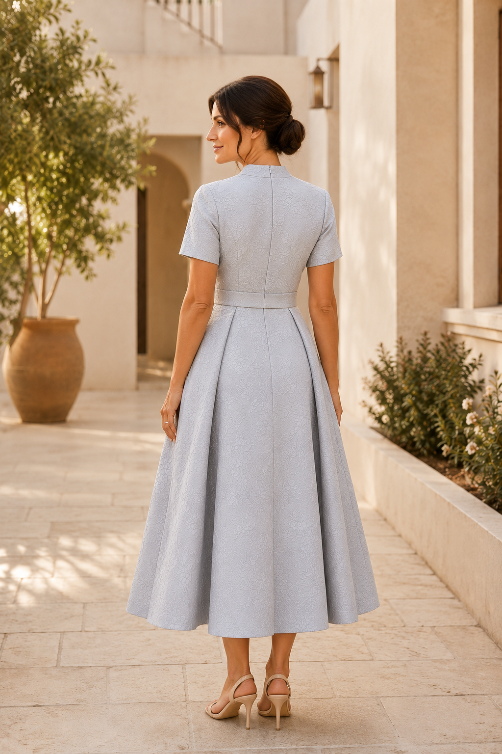 Pleated Jacquard A-Line Midi Dress