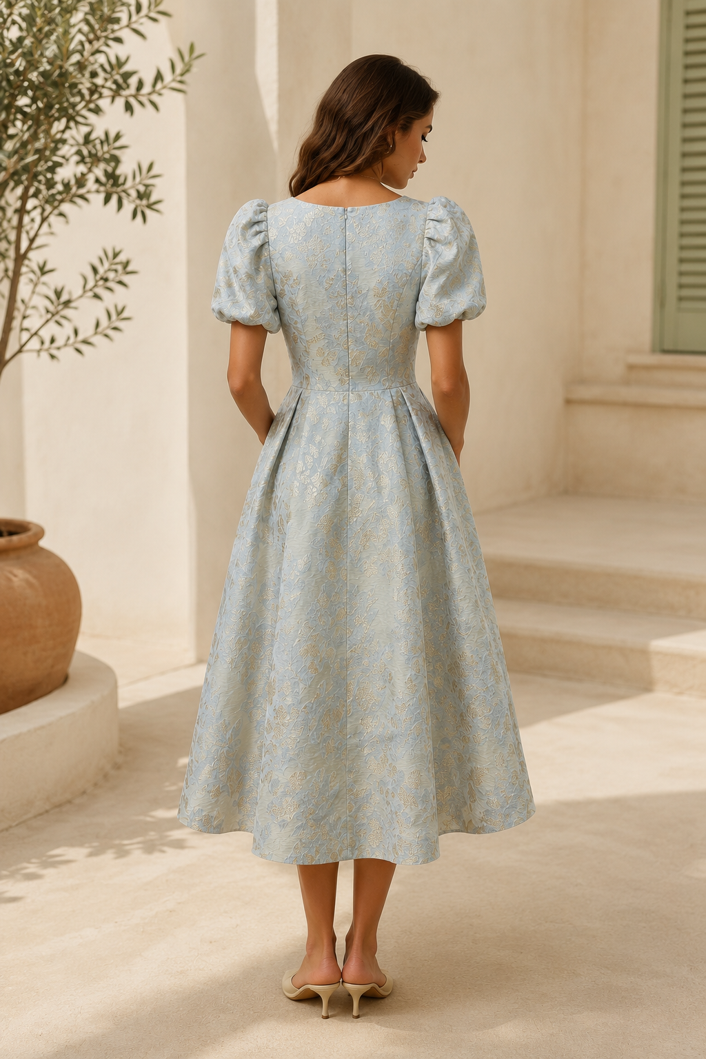 Puff Sleeve Jacquard Midi Dress with Pockets