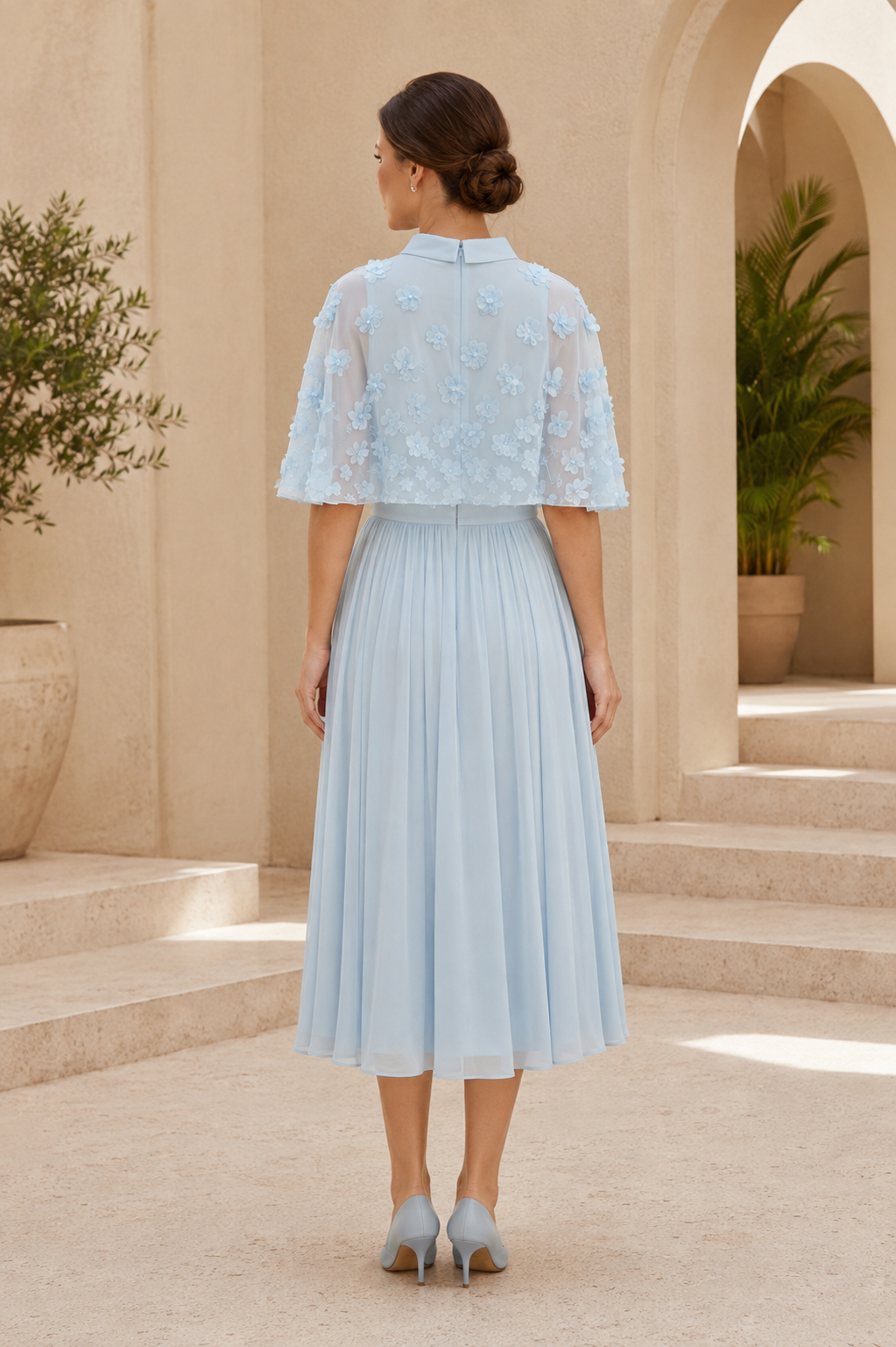 Sheer Floral Cape Midi Dress with Tie-Neck Bow