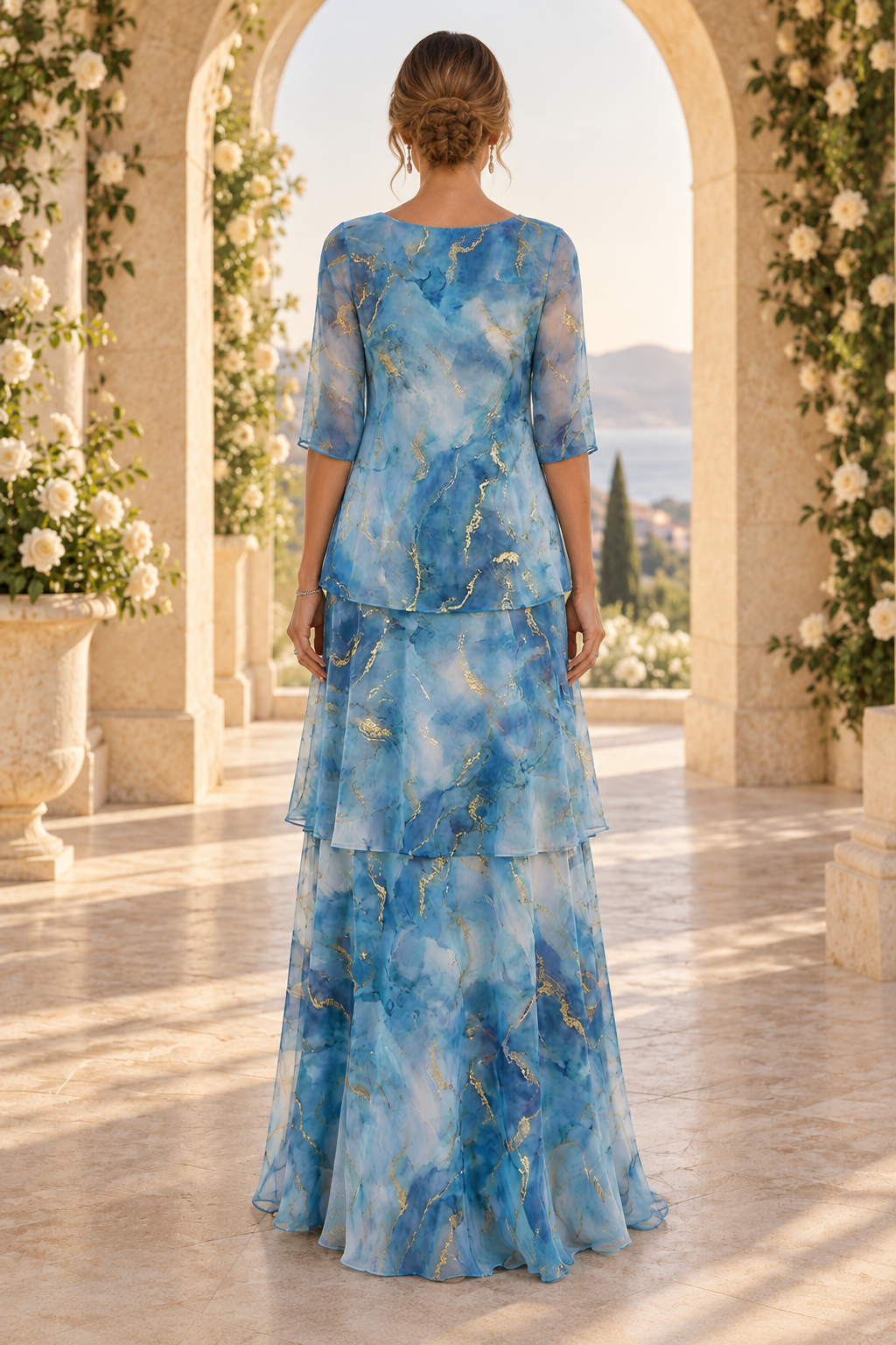 Tiered Marble-Print Gown with Elbow Sleeves