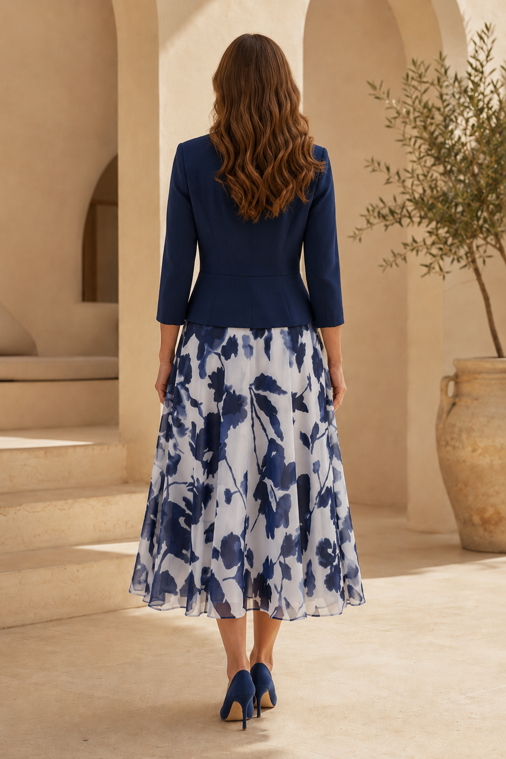 Floral Tea-Length Dress and Peplum Jacket Set