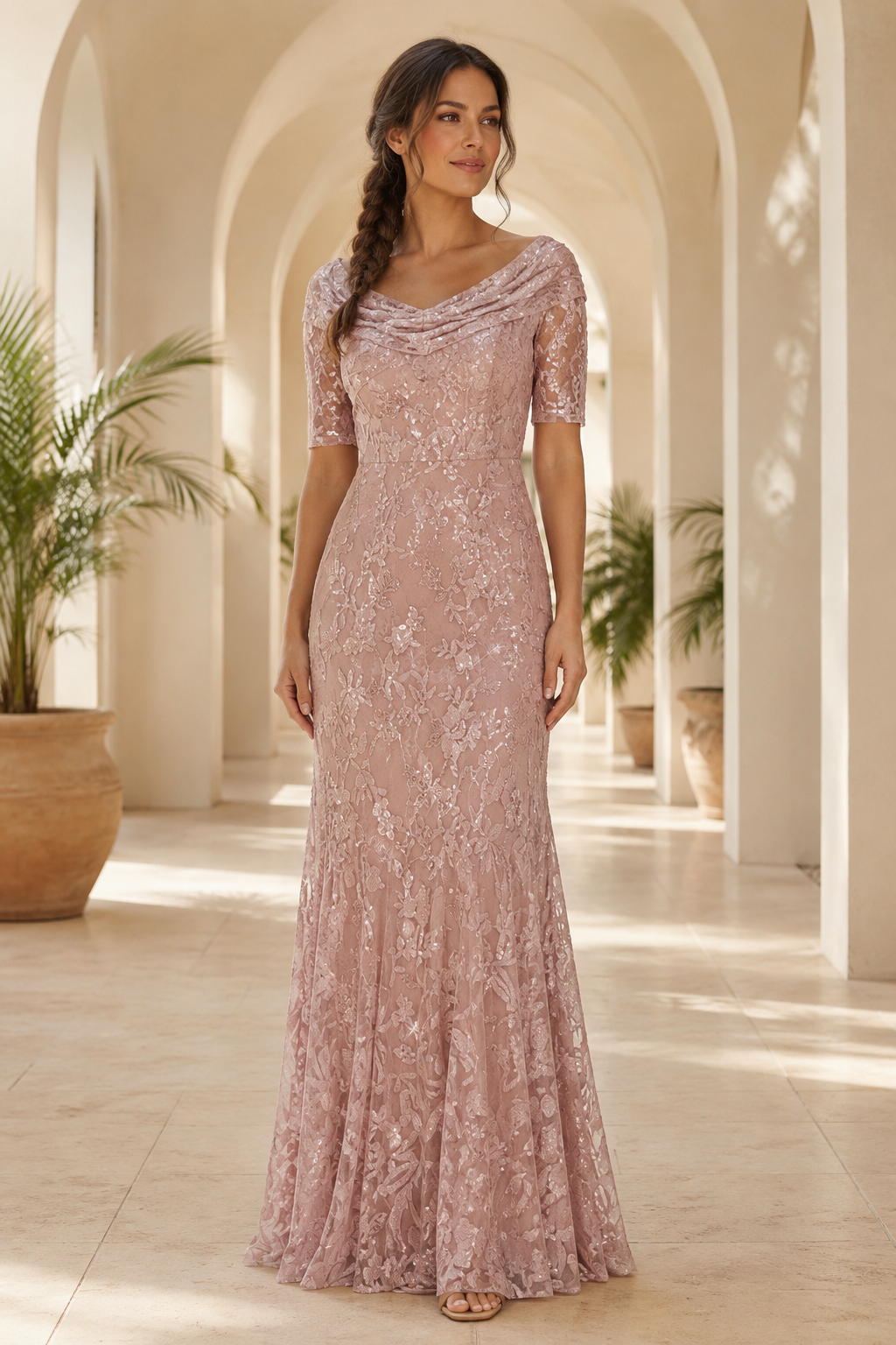 Cowl Neck Lace Mermaid Evening Gown
