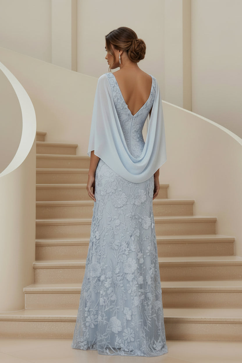Floral Lace Gown with Chiffon Cape Sleeves