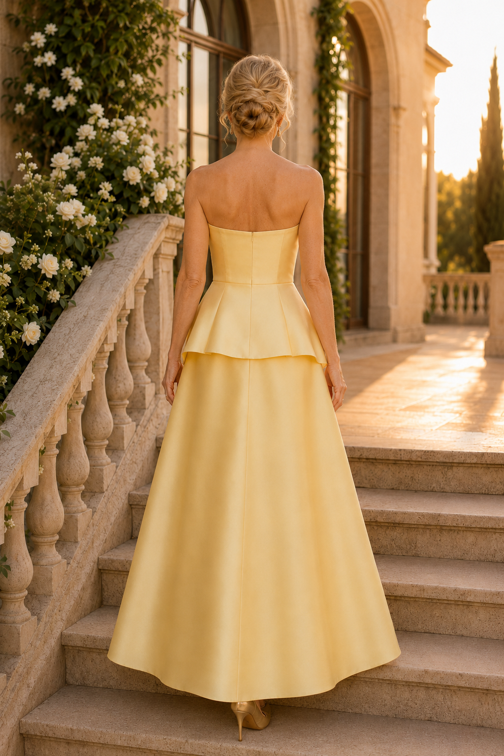 Strapless Peplum A-Line Evening Gown