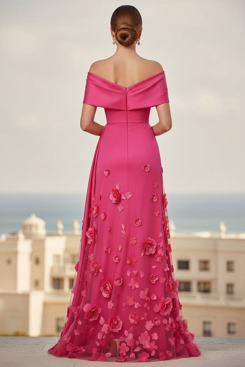 Off-Shoulder Floral Applique Evening Gown