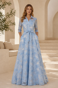 Floral Collared A-Line Gown with 3/4 Sleeves