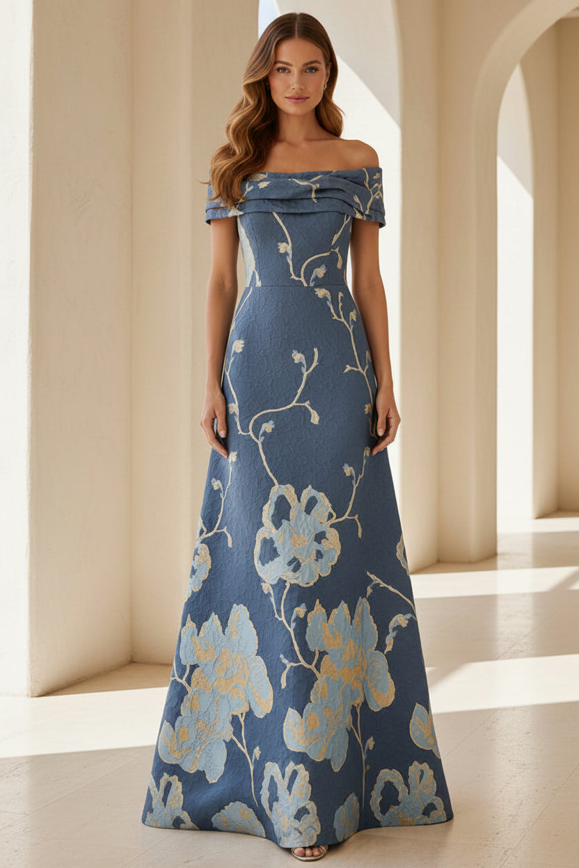 Off-the-Shoulder Floral Jacquard Evening Gown