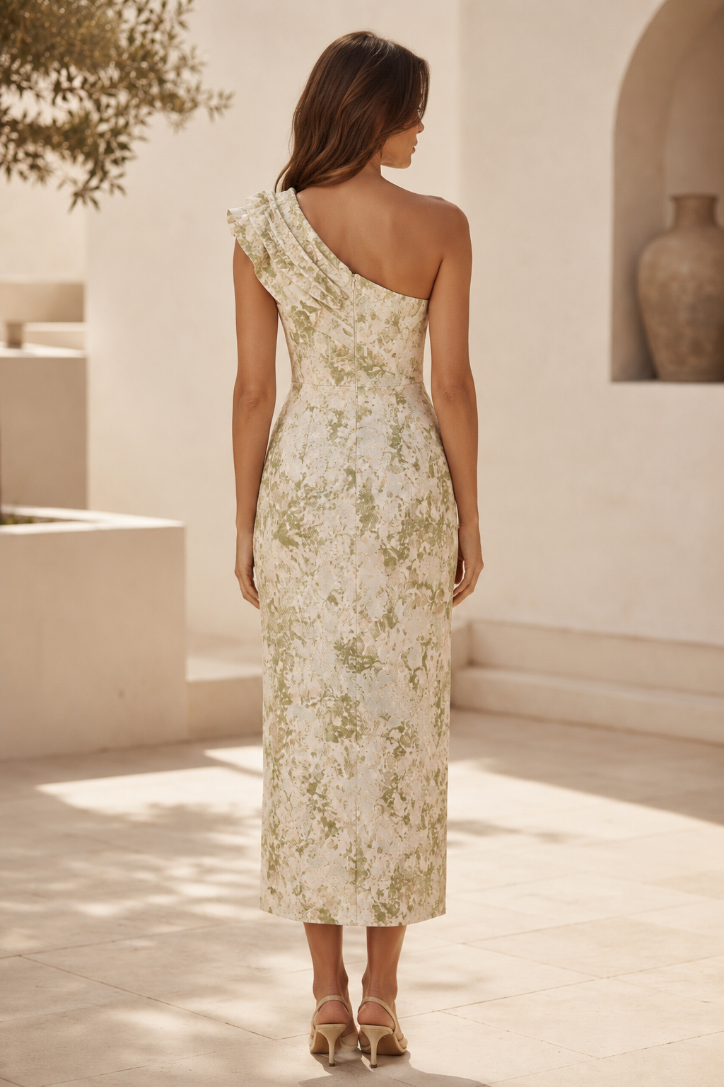 One-Shoulder Floral Jacquard Tea-Length Dress