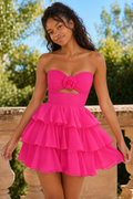 Strapless Tiered Ruffle Mini Dress with 3D Flower Detail