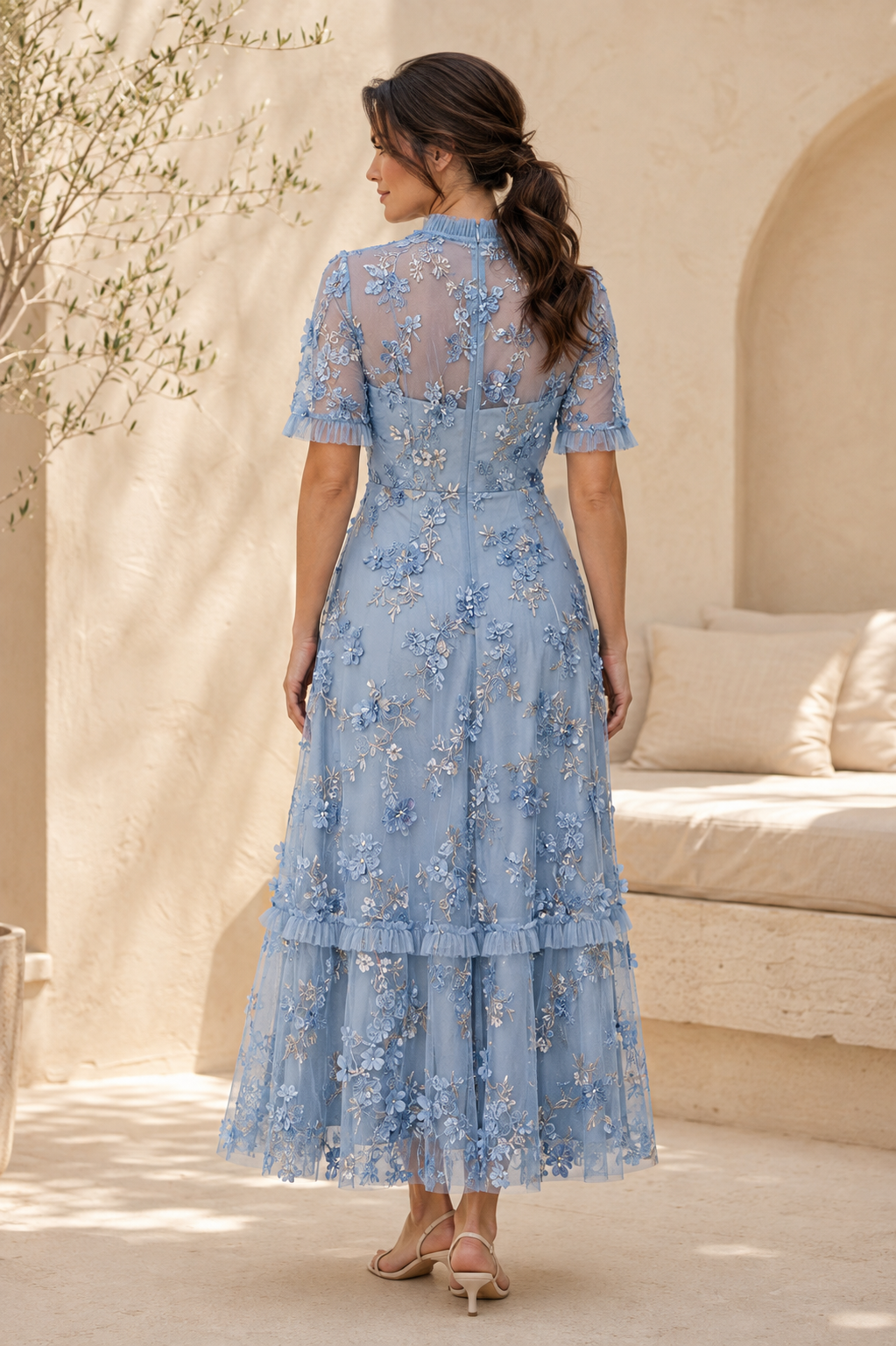 3D Floral Embroidered Illusion-Neck Tiered Midi Dress