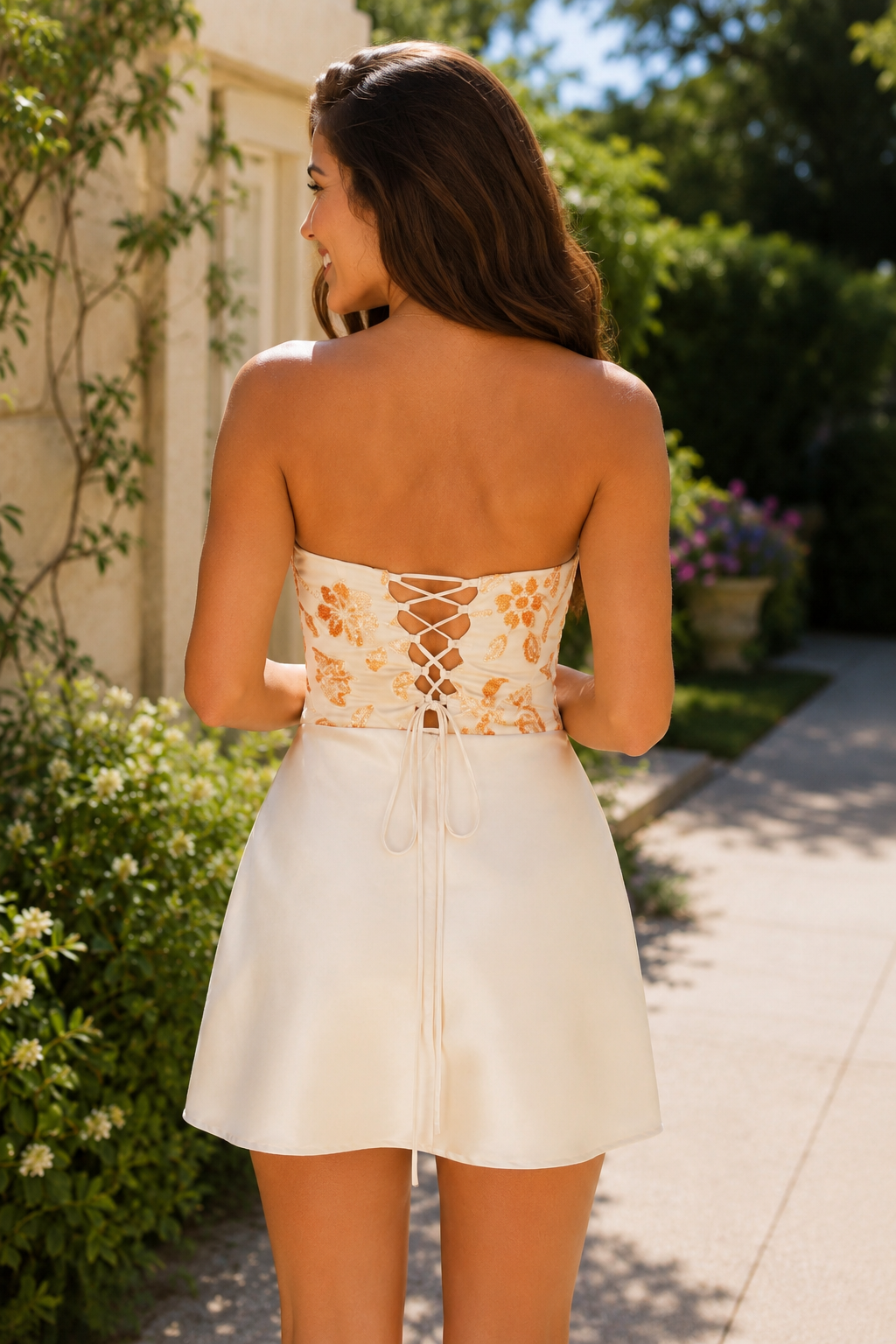Strapless Sequin Corset Satin Mini Dress