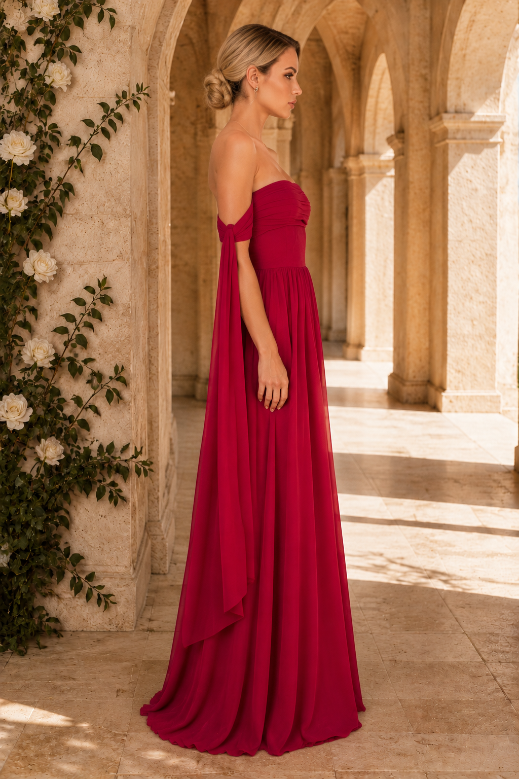 Trägerloses Chiffon-A-Linien-Kleid mit drapierten Armbändern