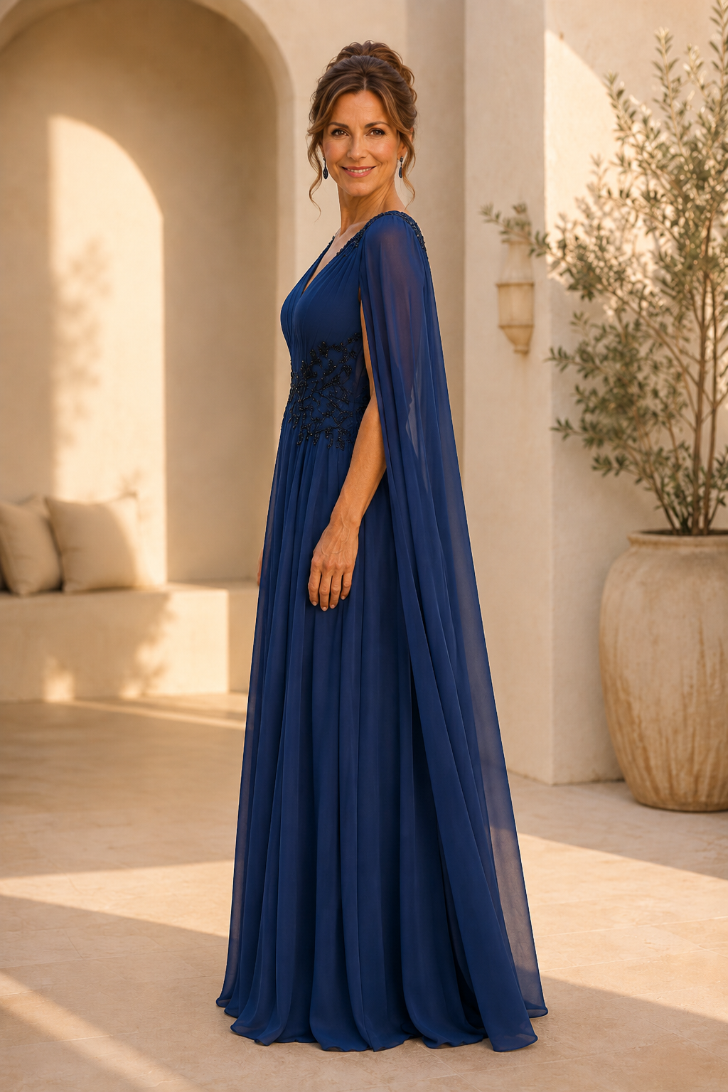 A-Linien Chiffon-Cape Abendkleid mit Perlenstickerei