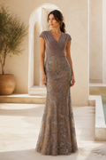 V-Neck Mermaid Evening Gown with Floral Lace Skirt