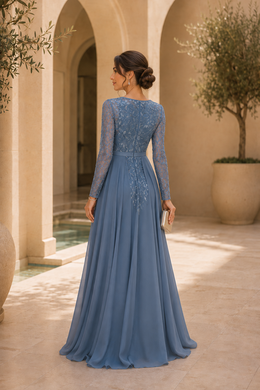 Embroidered Long Sleeve A-Line Gown with Slit