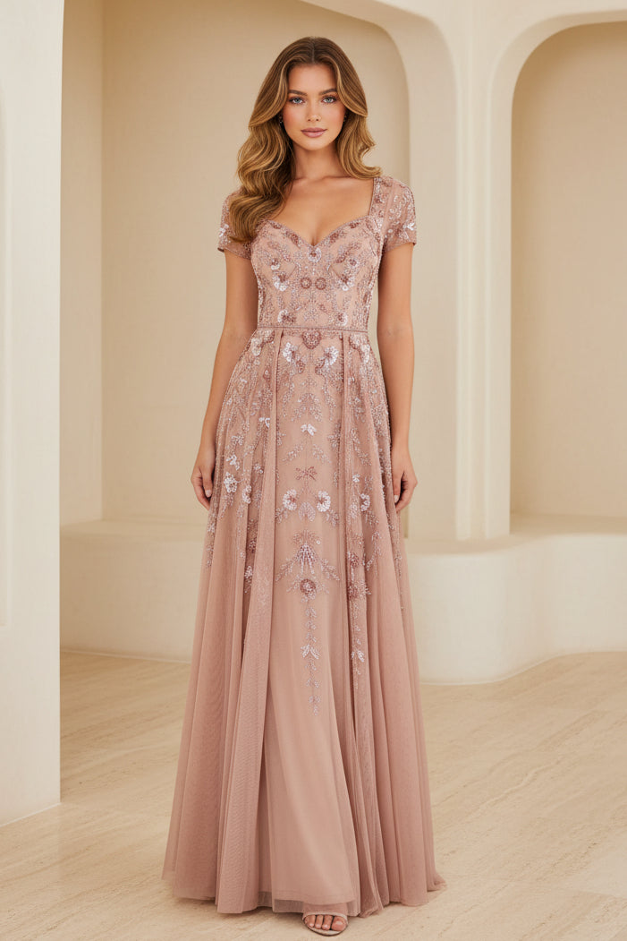 A-Line Tulle Evening Gown with Floral Embroidery