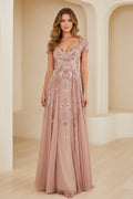 A-Line Tulle Evening Gown with Floral Embroidery