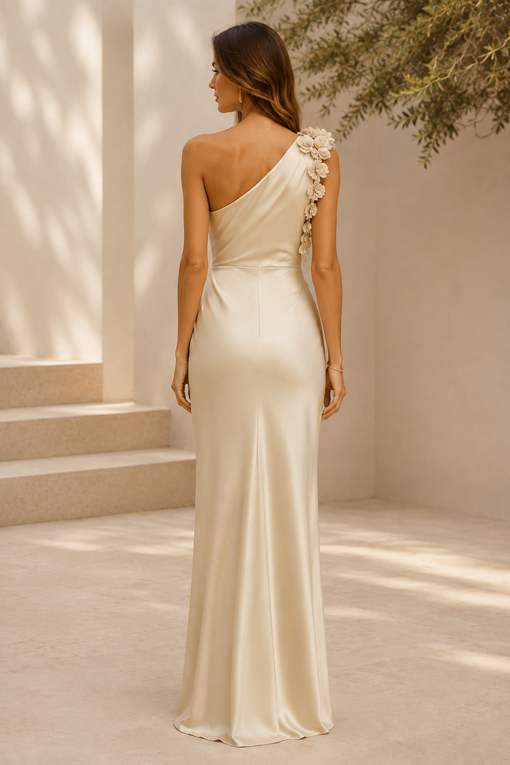 One-Shoulder Satin Gown with 3D Flowers