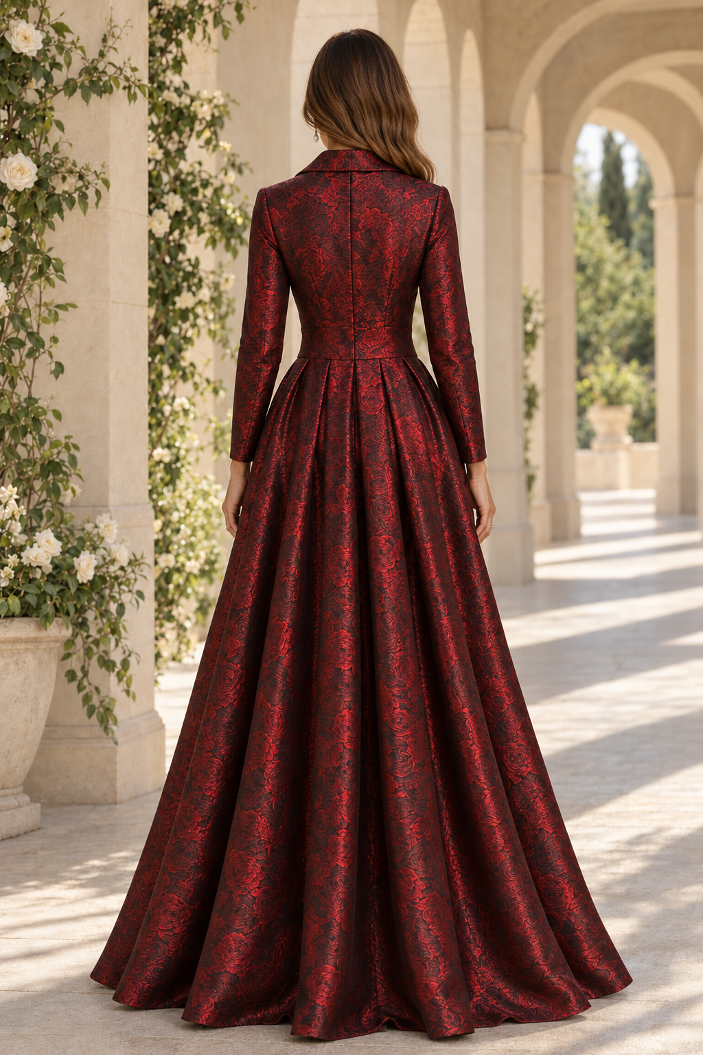 Floral Jacquard Long-Sleeve Ball Gown