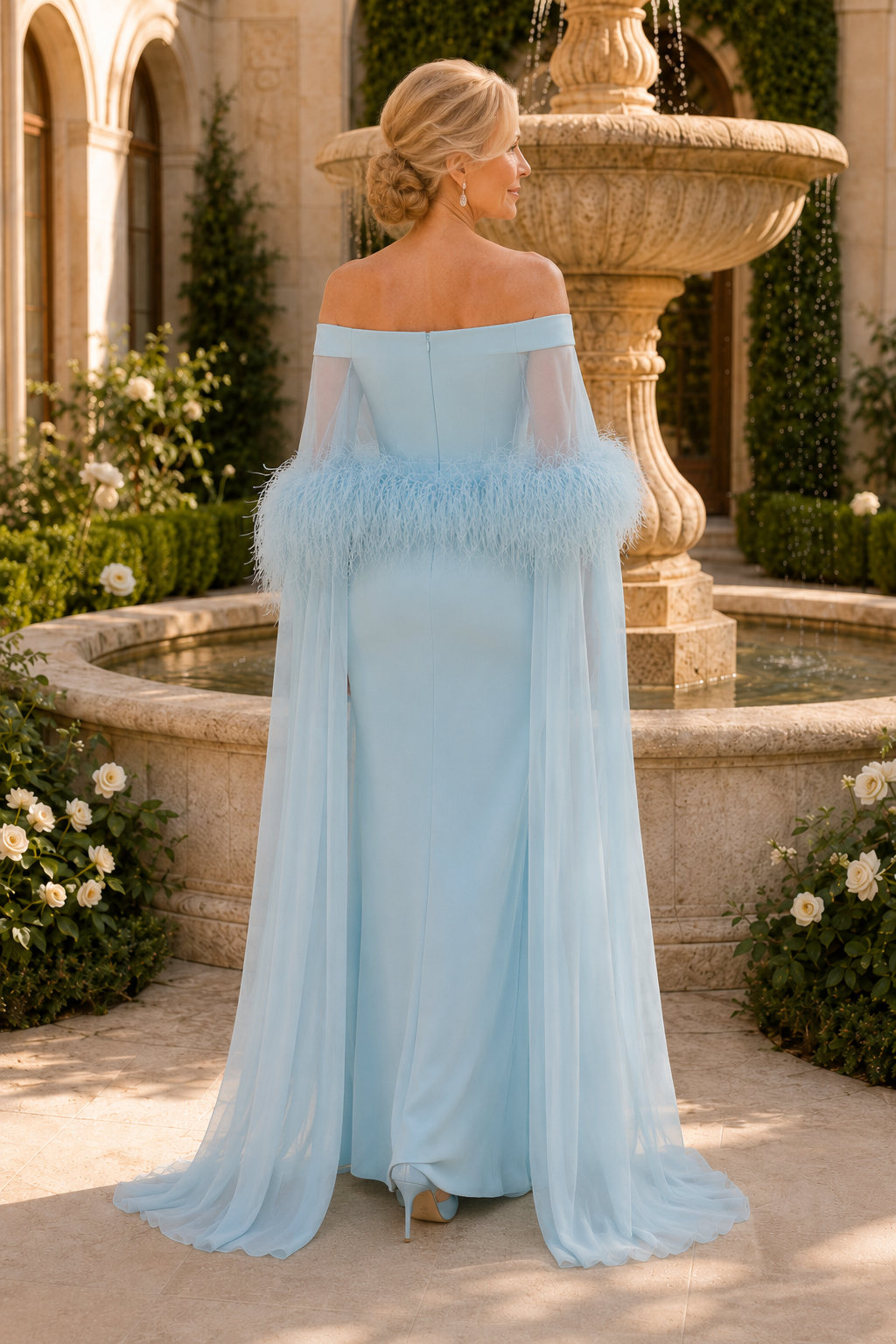 Off-the-Shoulder Feather Trim Cape Evening Gown