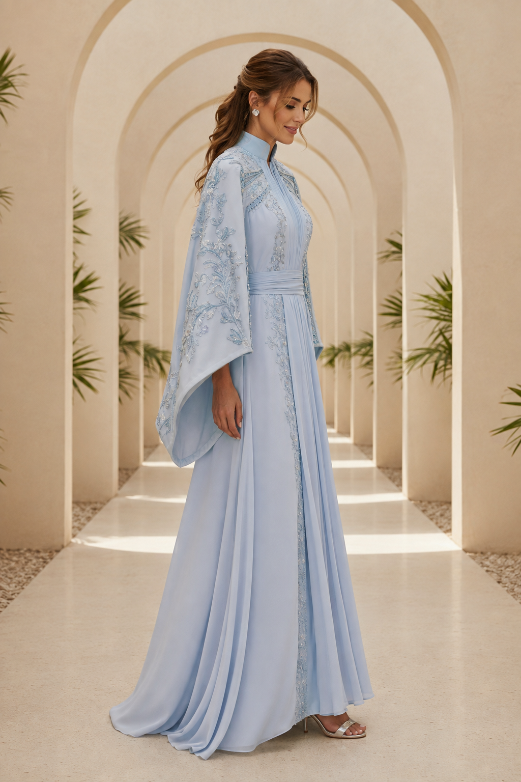 Embroidered High Neck Bell Sleeve A-Line Evening Gown