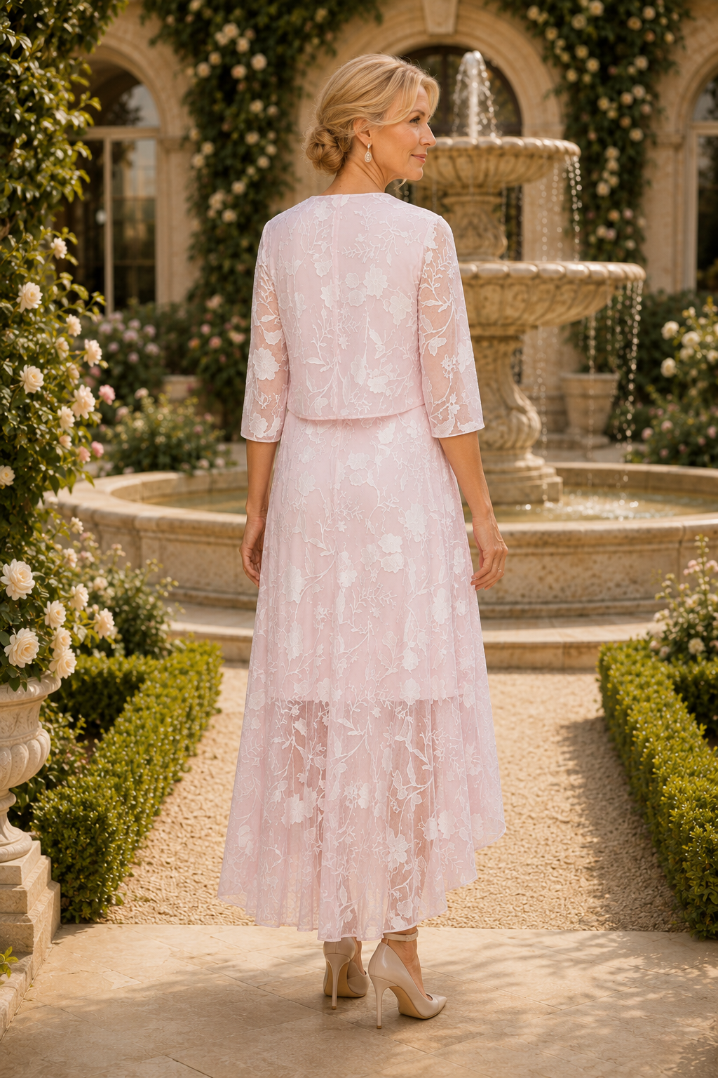 Floral Lace High-Low Dress with Bolero Jacket