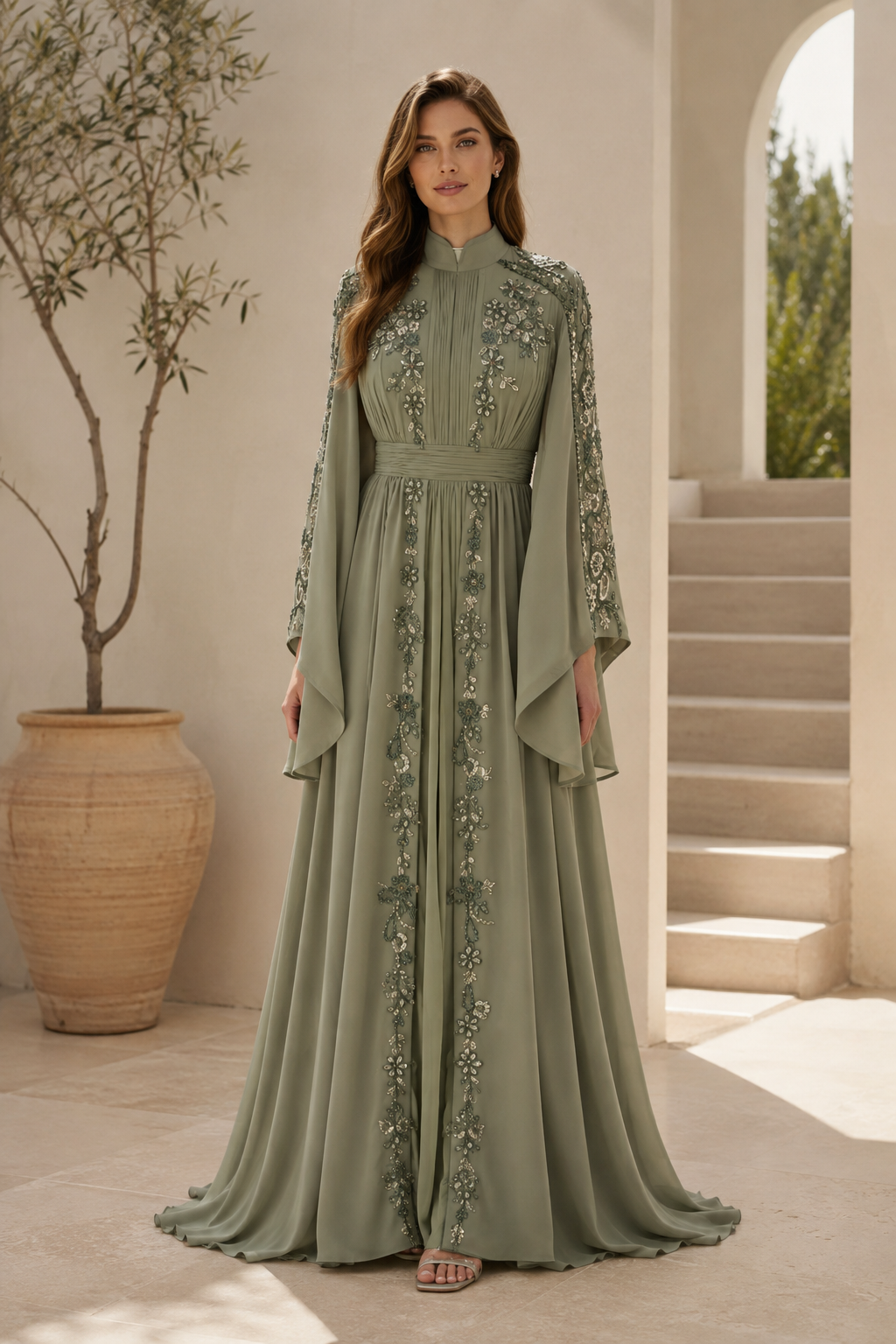 Embellished High Neck Bell Sleeve Chiffon Gown
