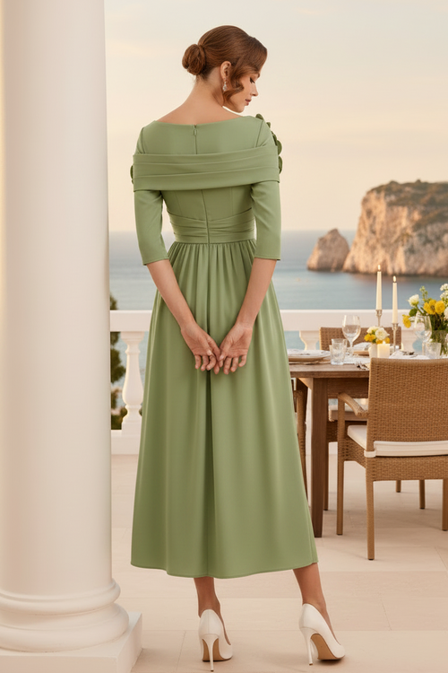 3/4 Sleeve Bateau Neck Midi Dress with 3D Flowers