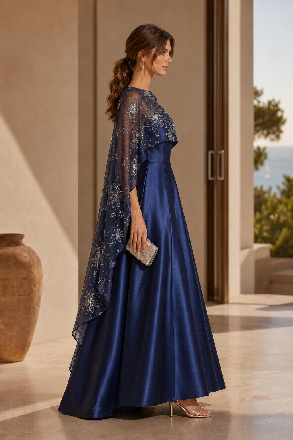 A-Line Evening Gown with Beaded Floral Capelet