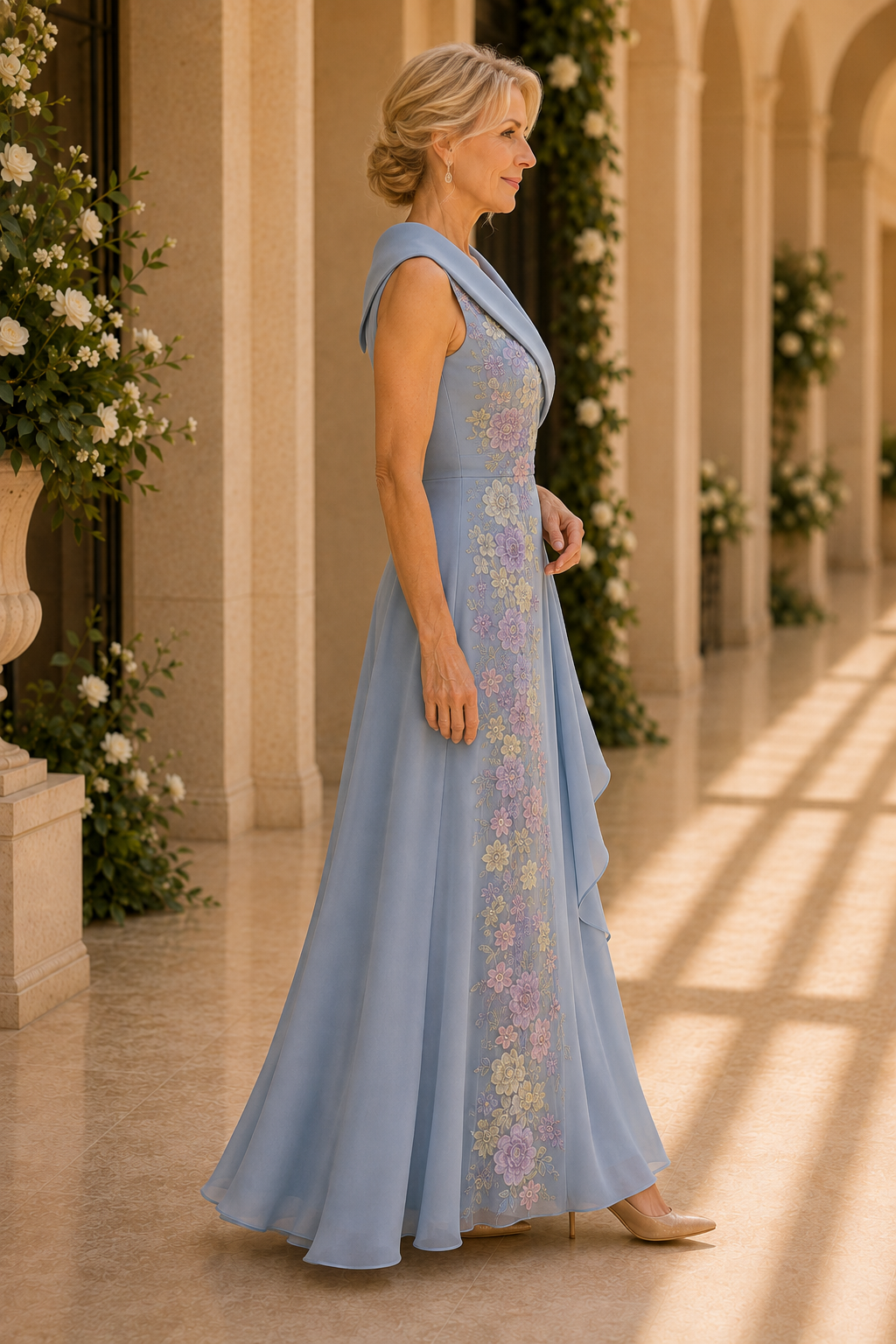 Floral Embroidered Shawl Collar A-Line Gown