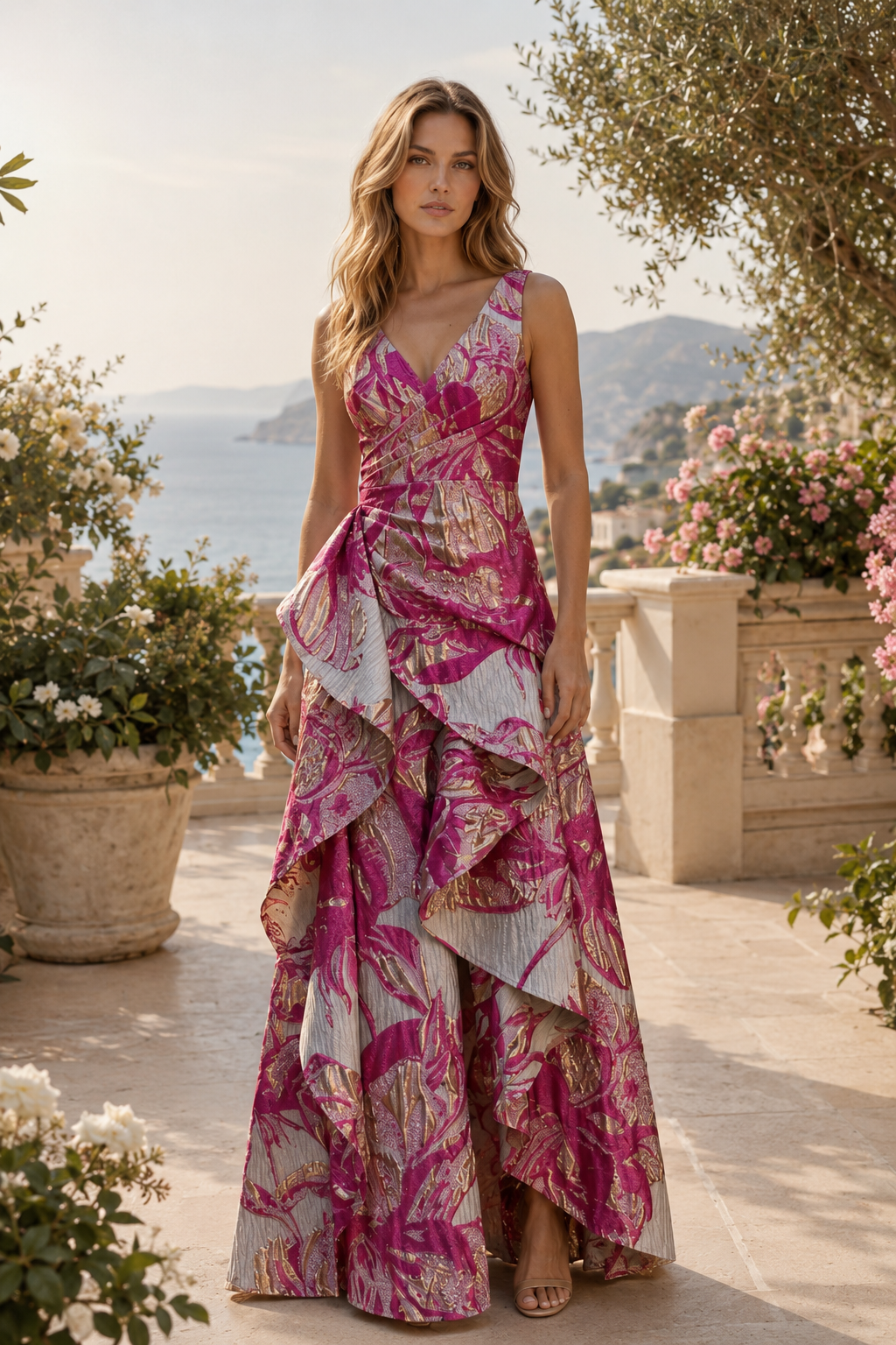 Metallic Floral Cascading Ruffle A-Line Gown