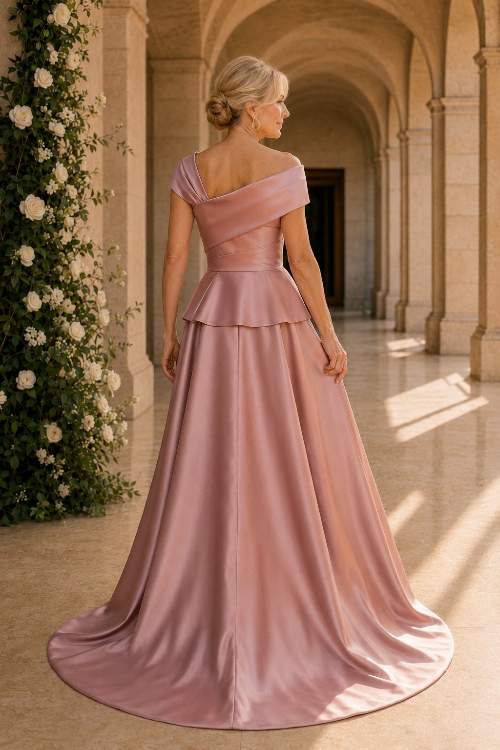 Asymmetrical Satin Evening Gown with Floral Skirt