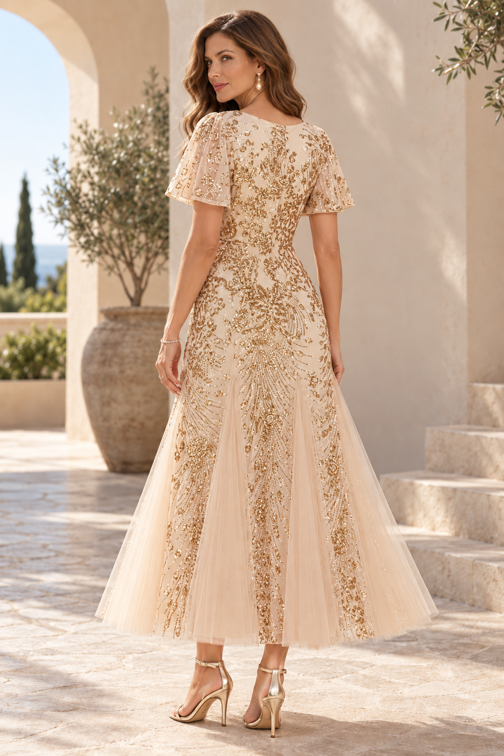 Sequin Flutter Sleeve Godet Ankle Dress