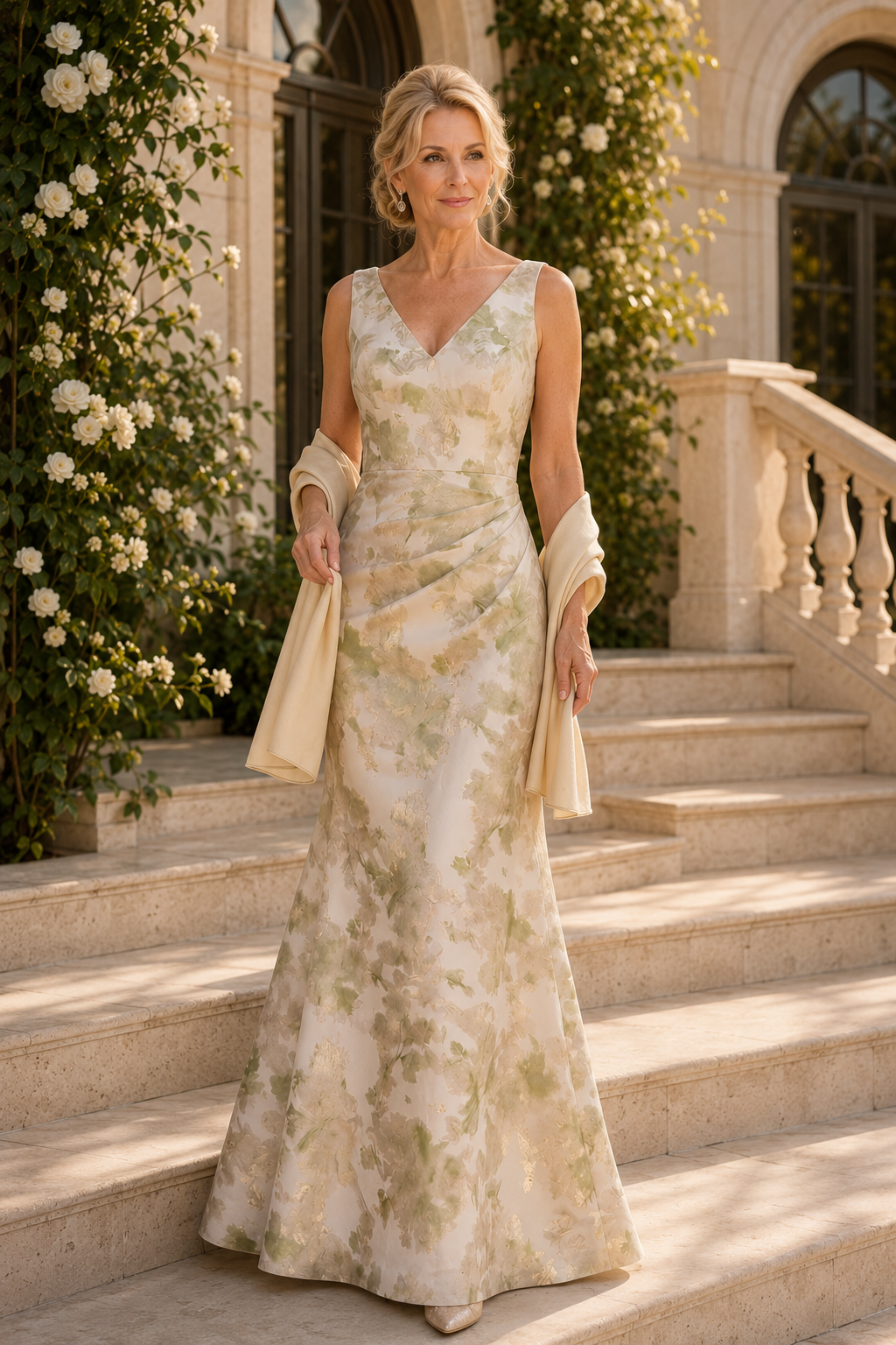 Floral Print Jacquard Sleeveless Formal Gown