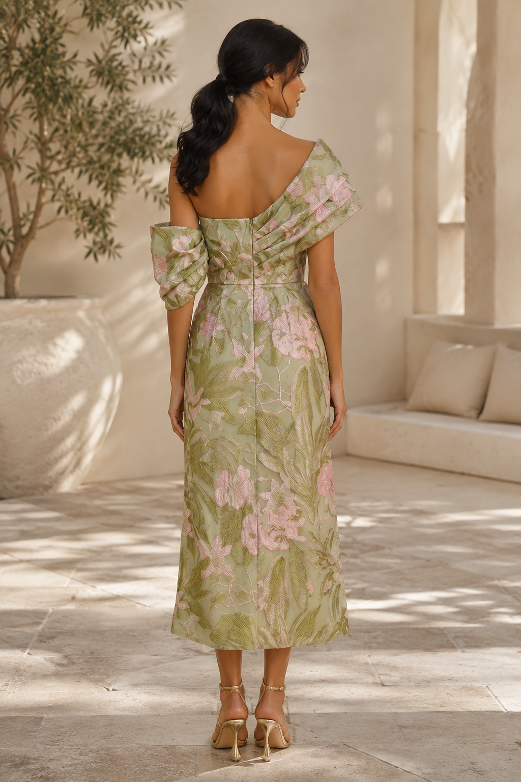 Floral Jacquard One-Shoulder Midi Dress, Draped Bodice